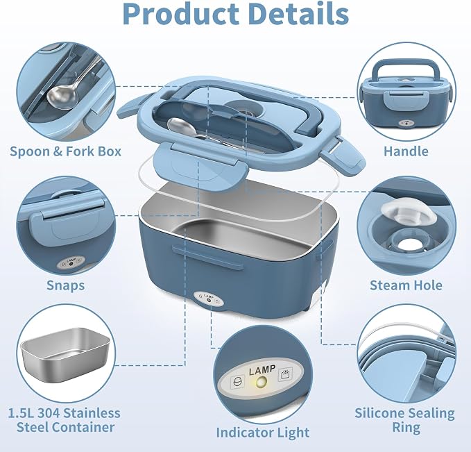Vingud Electric Lunch Box for Adults, Heated Lunch Box Food Warmer, 80W Portable Heating Lunchbox for Work/Car/Truck, 12/24/110V Lonchera Eléctrica Portátil Christmas White Elephant Gifts, Lake Blue