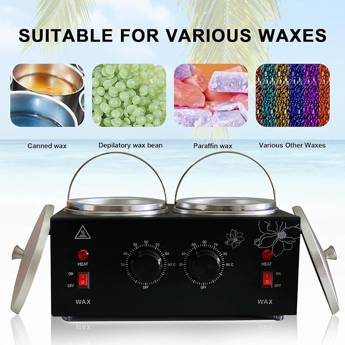 Black Double Pots Wax Warmer Professional Melted Wax Beads for Hair Removal,Fast Electric Wax Heater with Adjustable Temperature Set for Women (Black-Double Pots)