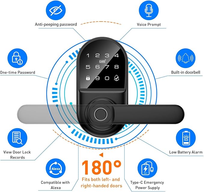 Smart keypad Door Lock with Handle，Fingerprint Keyless Entry Digital Lock with Built-in doorbell for Front Door,Bedroom,biometric Door knob, APP Control