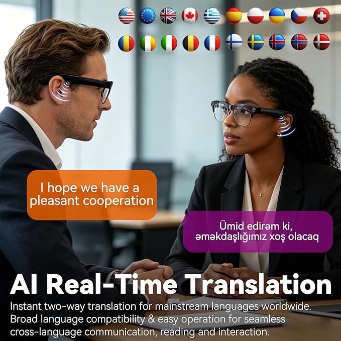 AI Smart Glasses with camera, Continuous AI Chat, 8MP Camera Glasses, 1080P Recording Glasses for Men Women,Hands-Free Music & Calls,Real-Time Translation,Ideal for Business Meetings,Travel,&Daily Use
