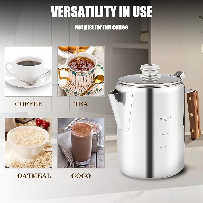 APOXCON Coffee Percolator Camping Coffee Pot Stainless Steel with Glass Knob Using on any Stovetop - NO Aluminum NO Plastic (9 Cup)