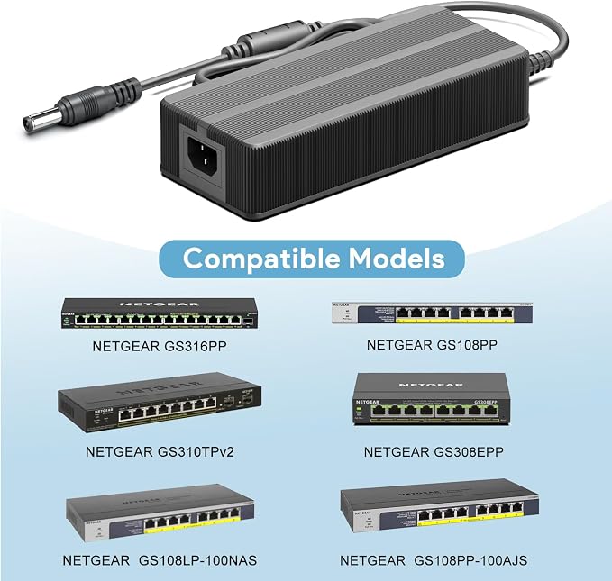 TAIFU 54V AC Adapter for NETGEAR GS316PP GS108PP GS310TPv2 GS308EPP GS108LP-100NAS GS108LP-100EUS GS108PP-100NAS GS108PP-100AJS GS308PP GS308PP-100NAS GS308PP-100EUS 8-Port PoE Switch Power Supply