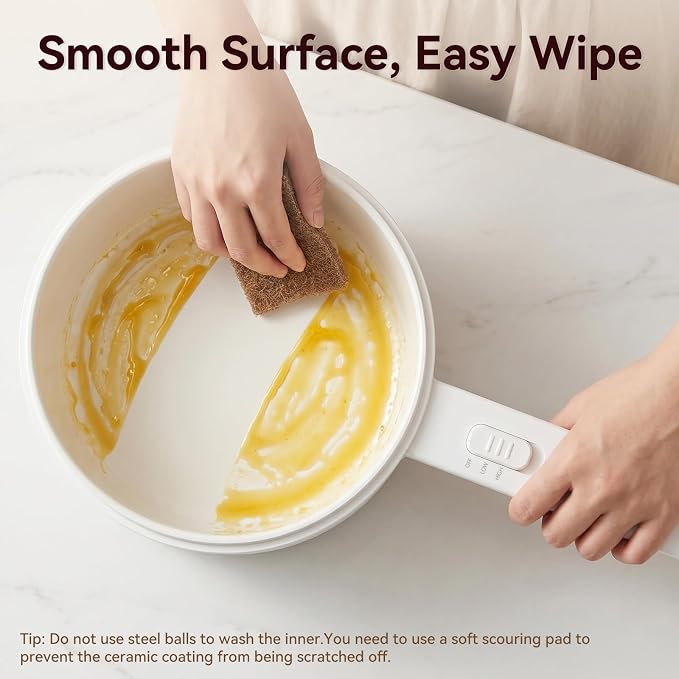 Electric Hot Pot with Steamer, 1.5L Ceramic Glaze Non-stick Portable Pot, Dual Power Multi-functional Electric Cooker, Suitable for Steak, Pasta, Hot Pot, Ramen, Electric Pot for Dorm(with steamer)