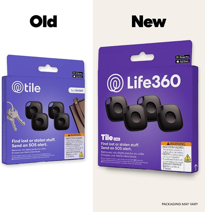 Tile by Life360 Mate Bluetooth Tracker, Keys Finder and Item Locator for Keys, Bags and More. Phone Finder. Both iOS and Android Compatible. 4-Pack (Black)
