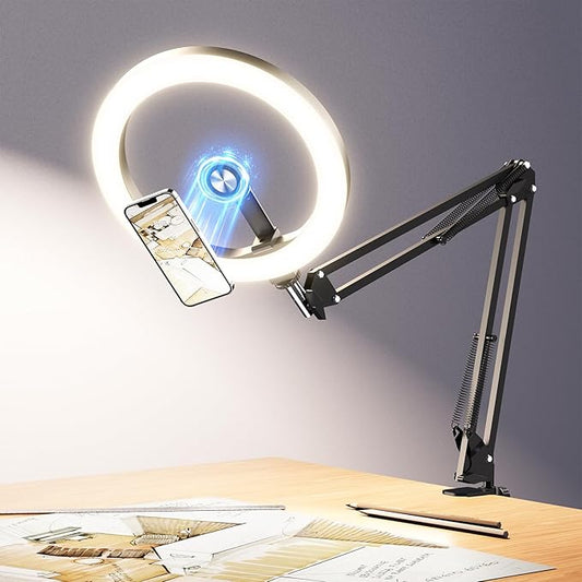 Magnetic Ring Light Overhead Camera Phone Mount for Desk, 10” Selfie Light for iPhone with MagSafe-Compatible Phone Holder for Video Recording, Zoom Meeting, Live Streaming