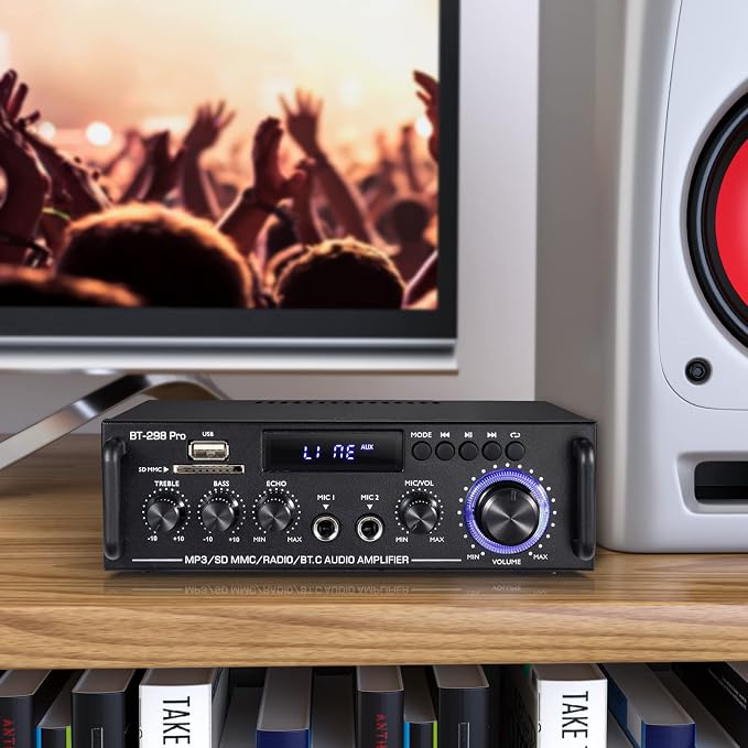 Facmogu BT-298 Pro Home Audio Amplifier, Bluetooth 5.0 Receiver Home Stereo Receiver, Max 400Wx2 RMS 50Wx2 HiFi Sound Audio System Wireless Power Amplifier, MIC in w/Echo, Bass & Treble w/USB/RCA/FM