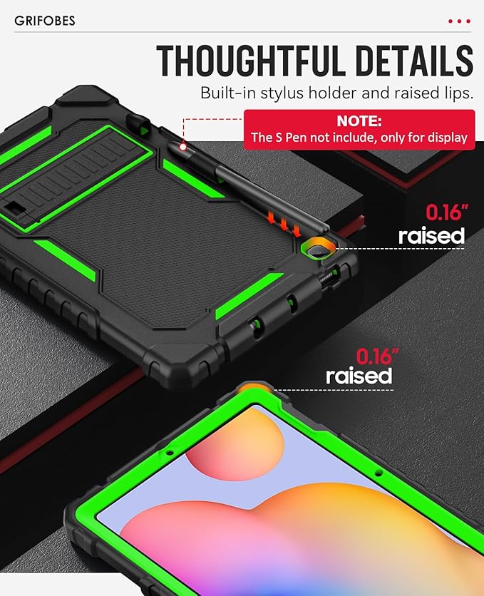 Grifobes Case for Samsung Galaxy Tab S6 Lite 10.4 inch 2024/2022/2020 with S Pen Holder, Heavy Duty Military Grade Shockproof Rugged Protective 10.4" Cover with Stand (Black+Green)