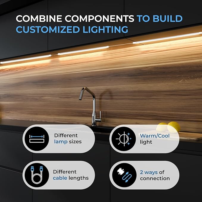 EShine Hand Wave Activated Under Cabinet LED Lighting Kit, Dimmable, 3-Pack 20 in - Touchless Dimming Control, Black Under Counter Lights for Kitchen, Garage, Office, Desk - Warm White (3000K)