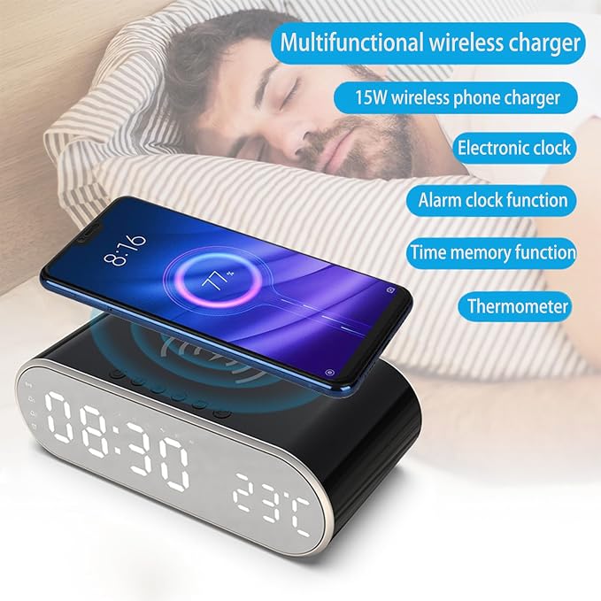 15W Fast Wireless Charging Pad Compatible with Qi-Enabled Phones, 5W/7.5W/10W Standard Charging Modes, Temperature Display & Alarm Clock for Bedside Desk, W628 Black.