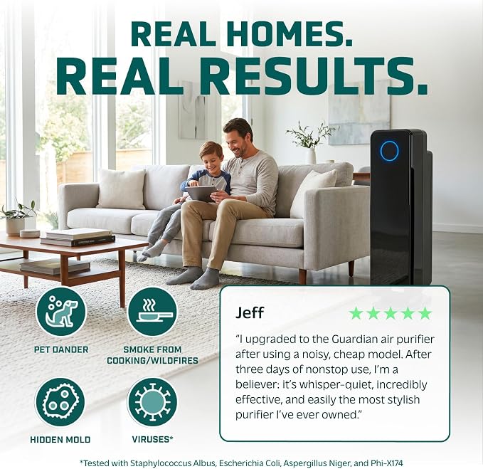 GermGuardian Air Purifier for Home with HEPA Pure Filter, for Wildfire Smoke, Pet Dander, Pollen, Odors, Large Rooms Up To 870 Sq. Ft., Removes 99.97% Pollutants, UV-C Light, 28", AC5350B, Black