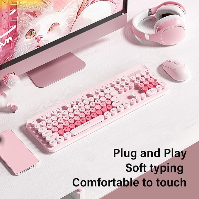 Wireless Keyboard and Mouse Combo, 2.4GHz Plug and Play with Retro Typewriter Style Round Keycaps, 104 Keys with Numeric Pad, for PC Laptop Desktop (Pink)