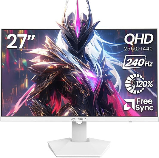 CRUA 27" 240Hz Gaming Monitor, QHD 2560x1440 IPS Display, AMD FreeSync, 120% sRGB, Built-in Speakers, Blue Light Filter, Wall Mountable PC Monitor, HDMI & DP, White, for Gaming, Streaming & Work