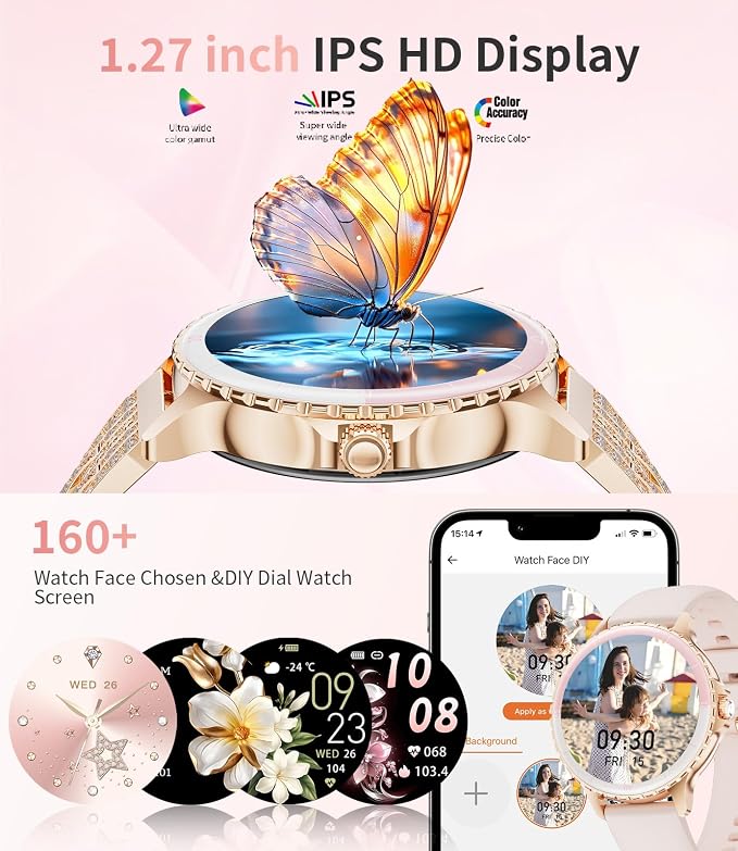 SUNKTA Smart Watch for Women (Answer/Make Call),1.27" Curved Display Smartwatch with Female Cycle/Sleep Monitor,5ATM Waterproof Fitness Tracker 100 Sport Modes Pedometer for Android/iOS,Gold