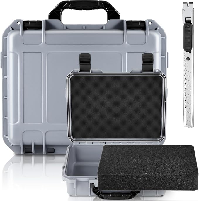 Relaxweex 1 Pcs Waterproof Hard Case with DIY Customizable Foam Insert Portable Protective Case with Knife for Camera Drones Equipments Tools Test Instruments(Gray,11.3 x 8.7 x 4.2 Inch)
