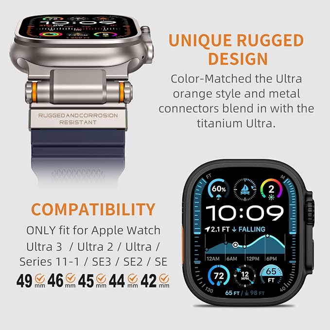 FOAMUNOC Rugged Band Compatible with Apple Watch Ultra 3/2/1 Band 49mm/46mm/45mm/44mm/42mm, Metal Connector with Strap for iWatch Ultra Series 11/10/9/8/7/6/SE3/SE2/SE/5/4/3/2/1, Navy Blue/Titanium