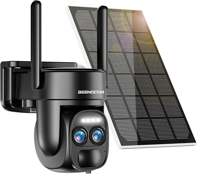 BEENOCAM 4K Dual Lens Solar Security Cameras Wireless Outdoor, 2.4G/5Ghz WiFi, 355° Pan/Tilt Home Security Camera with 8MP Color Night Vision, PIR Motion Detection, Spotlight Alarm, 2-Way Audio
