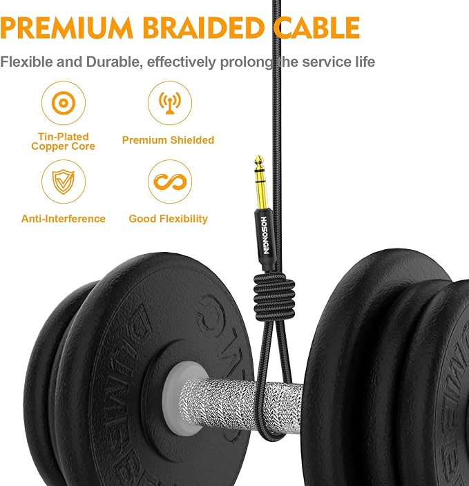 HOSONGIN 1/4 Inch TRS Instrument Cable 15 feet 2-Pack, Straight-to-Right Angle 6.35mm Male Stereo Audio Cord, Balanced Interconnect Line for Electric Guitar, Bass, Keyboard, Mixer, Amplifier, Speaker