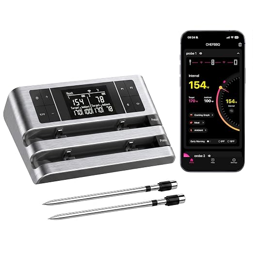 Wireless Smart Meat Thermometer, Dual-Sensor Probe, 500FT Remote, Dedicated App, Real-Time Temp for Oven/Grill - Rechargeable, Precise for Steak