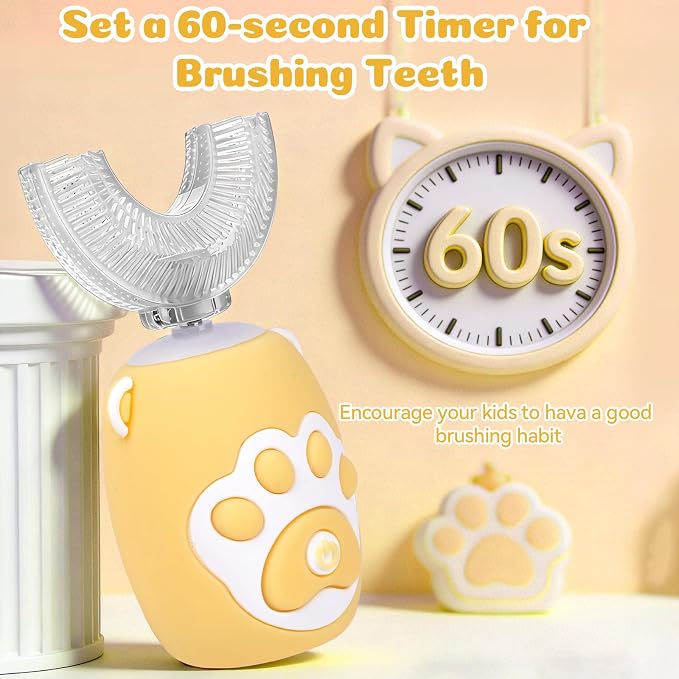 Kids U Shaped Electric Toothbrush for Age 2-12, Rechargeable Toddler Toothbrush with Smart Timer & 3 Clean Modes, Cat's Claw Design, IPX7 Waterproof, 3 Brush Heads & 360°Cleaning