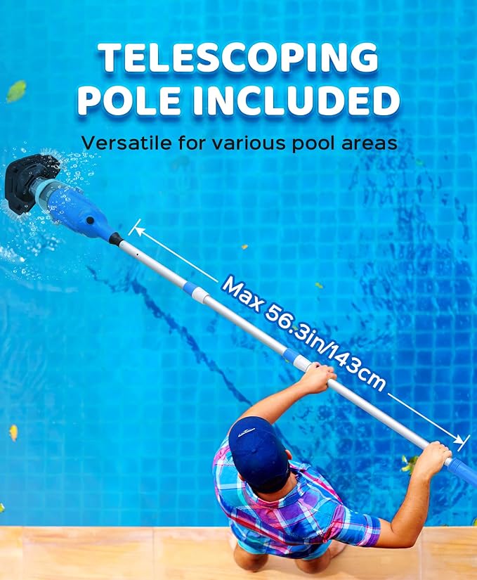 Pool Vacuum for Above Ground Pool with a Telescopic Pole, 80Mins Runtime, Handheld Rechargeable Pool Cleaner with 18.5 Gallons/min Powerful Suction for Above Ground/Inground Pools, Hot Tubs, Spas