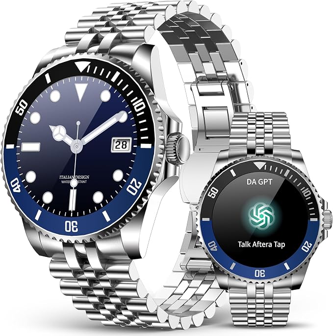 GPT Smart Watch for Men, 24/7 Heart Rate, Blood Pressure, Blood Oxygen, Sleep Monitor, 107 Sports Modes, 1.19-inch AMOLED Display, Waterproof Round Watch, Compatible Android and iOS, 44mm Silver Blue