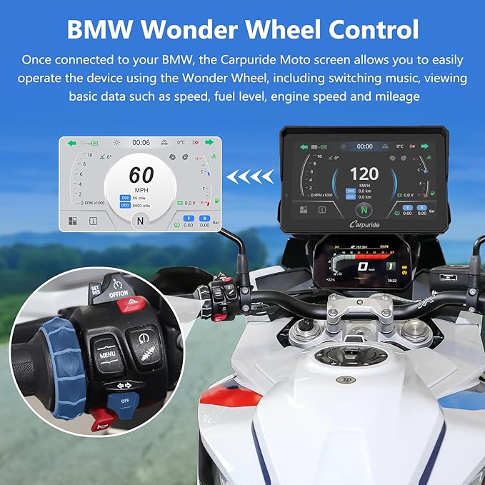 CARPURIDE W702BS for BMW Motorcycle CarPlay & Android Auto Dual Bluetooth, 7" Waterproof GPS Navigation Screen, Data Reading, Native Wonder, TPMS, Light Sensor, Music Sharing, Intercom, 16-Pin