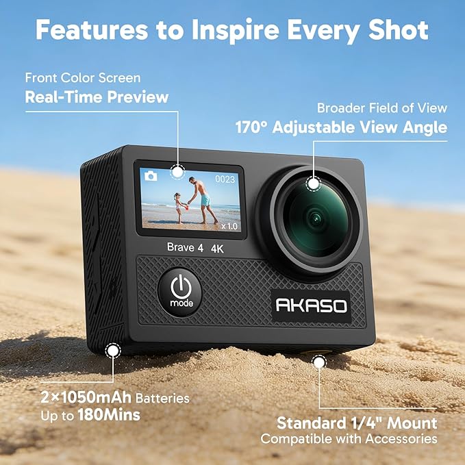 AKASO Brave 4 Action Camera 4K 30fps Ultra Hd Video 20MP Photo, EIS, WiFi Remote Control, 2X Batteries, Waterproof Underwater Camera for Snorkel, Travel, Motorcycle, Bicycle, Helmet Accessories Kit