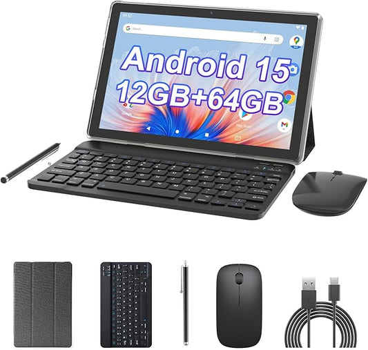 Android 15 Tablet 10 inch, 2 in1 Tablets with Keyboard Case Mouse Stylus, 12GB RAM 64GB ROM 1TB Expand, Quad-Core Processor Tablet PC, 5G WiFi6, BT5.0, 6000mAh, 1280*800 IPS Screen, Widevine L1, Black
