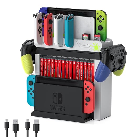 Switch Game Storage with Controller Charger for Nintendo Switch & OLED Model (Designed for Splatoon 3), Switch Charging Dock Charges 6 Joycons, Gaming Accessories Holder Switch Gift Card Organizer