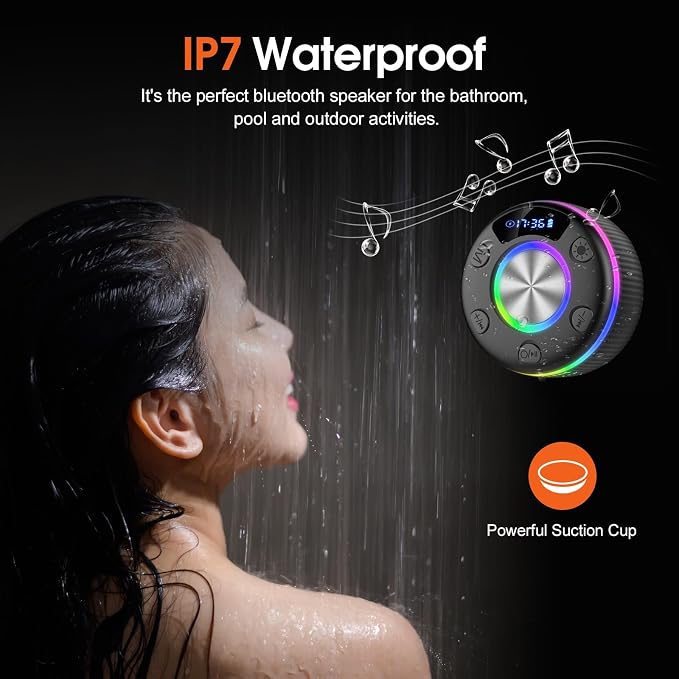 Bluetooth Shower Speaker, IP7 Waterproof Portable Bluetooth 5.3 Speakers with Suction Cup, Mini Wireless Speaker with RGB Lights Time Display, Loud Stereo Sound for Bathroom Beach Outdoor Party Gift