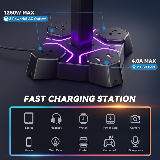 KDD Gaming RGB Headphones Stand & RGB Headphone Stand with USB Charger - Rotatable Headset Stand with 9 Light Modes - Headphone Holder with 2 USB Charging Ports and 3 AC Outlets