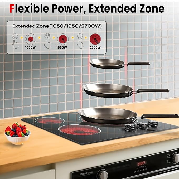 Electric Cooktop 24 Inch - 5700W 3 Burner Electric Stove with Knob Conrol, 220-240V Electrics Stove Top 24'', Built-in, Automatic Shutdown & 9 Heating Levels, Residual Heat Warning, Hard Wire