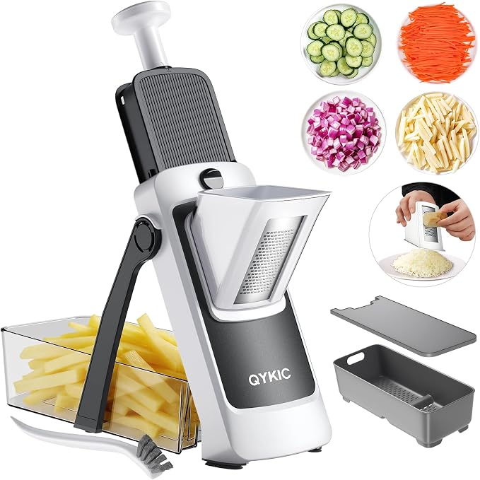 QYKIC Upgrade Safe Mandoline Slicer for Kitchen, Vegetable Chopper Slicer, Potato Slicer Thickness Adjuster, Veggie Onion Dicer for Quick Meal Prep (8 in 1 Gray)