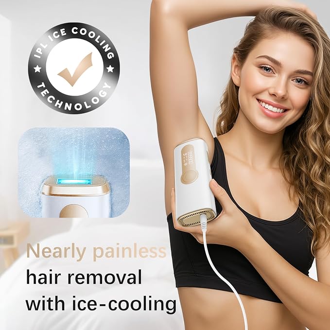 IPL Laser Hair Removal Device for Women & Men - Safe At-Home 45°F Ice-Cooling Contact for Painless & Long-Lasting Results, 86% Less Hair In 3 Weeks for Full Body & Face, Off-White