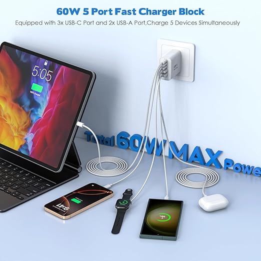 60W iPhone 17 16 15 Pro Charger Fast Charging,2Pack 10FT 5-Port USB C Charger Super Fast Charging Block Long 10Foot Woven Cable USBC Cord for iPhone 17/17 Air/17 Pro Max/16e/16/15/15 Pro Max,iPad Pro