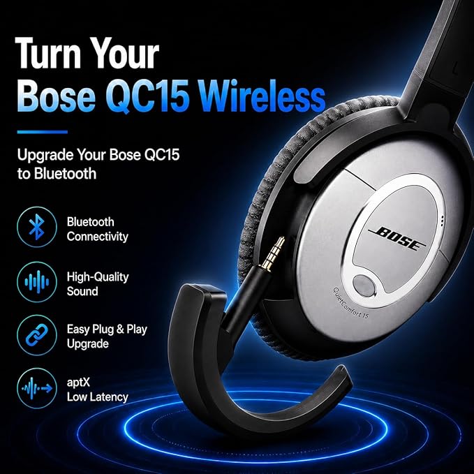 aptX Wireless Bluetooth 5.0 Adapter for Bose QuietComfort QC 15 with Mic/Volume Control, Black