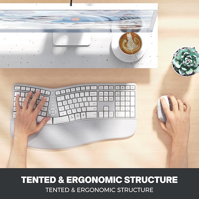 MEETION Ergonomic Keyboard and Mouse, Wireless Keyboard with Vertical Mouse, Split Curved Keyboard with Wrist Rest, Natural Typing Full Size for Windows/Mac/PC/Laptop, Gray