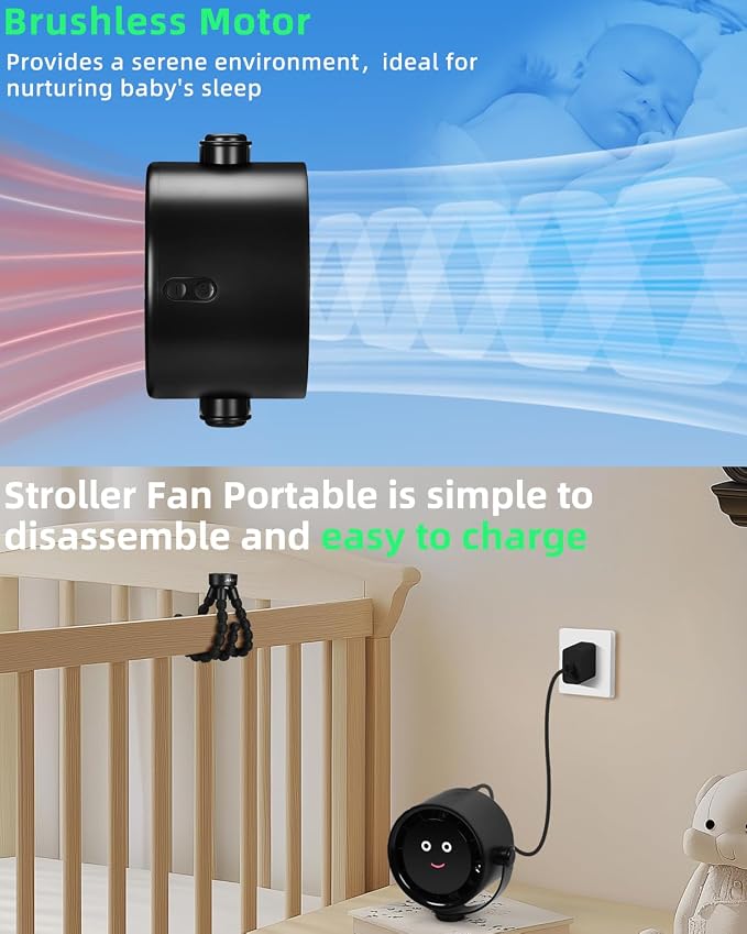 Akejrym Stroller Fan Portable, Personal Fan for Travel, Digital display, Detachable 5 Speeds Rechargeable 360° Rotate Flexible Tripod Fan, For Home Office Stroller Camping - Black