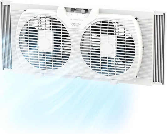Comfort Zone Twin Window Fan with Reversible Airflow Control, 9 inch, Auto-Locking Expanders, 2 Speed Fan, Dual Fan, Exhaust, Airflow 9.84 ft/sec, Ideal for Home, Kitchen, Bedroom & Office, CZ319WT