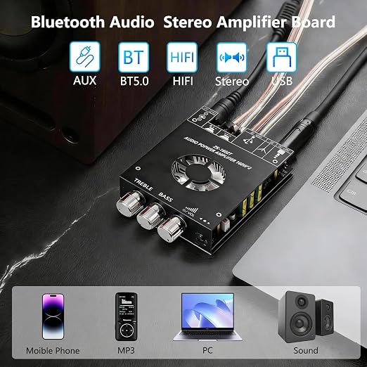 Bluetooth 5.1 Audio Amplifier Board,320W HiFi 2.1 Channel Mini Subwoofer Power Amp Module with Treble & Bass Control with AUX Input,Audio Amp Board for Home DIY Wireles Speaker(with Power Cord)