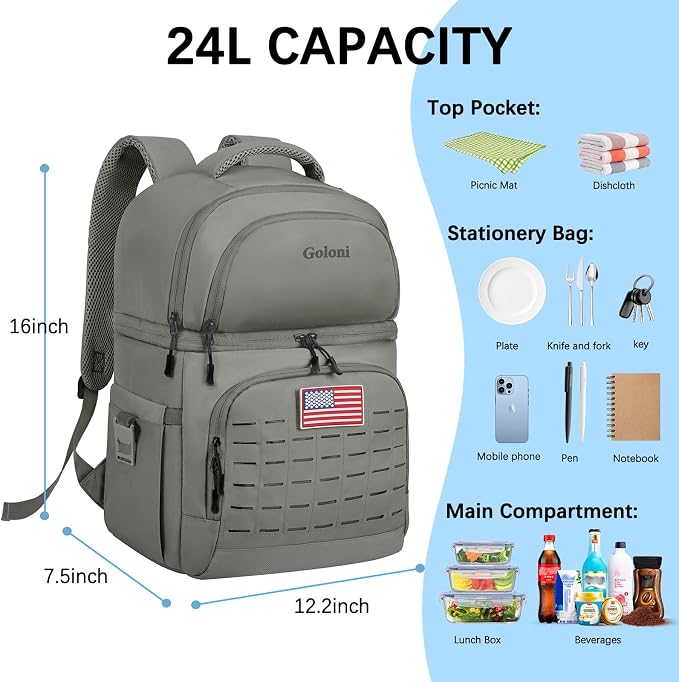 Goloni 40L Insulated Cooler Backpack, Leakproof Lightweight Soft-Sided Cooler with Cooler Compartment