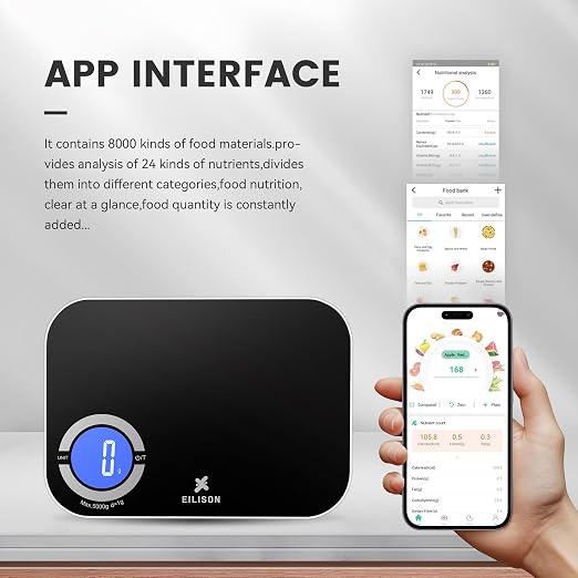 EILISON Smart Kitchen Scale with Nutrition Calculator, Digital Food Scale, Large TFT Color Display, Bluetooth App for 999+ Foods, Calorie Counter & 24 Nutrients Analyzer, 5000g Cap (Black)