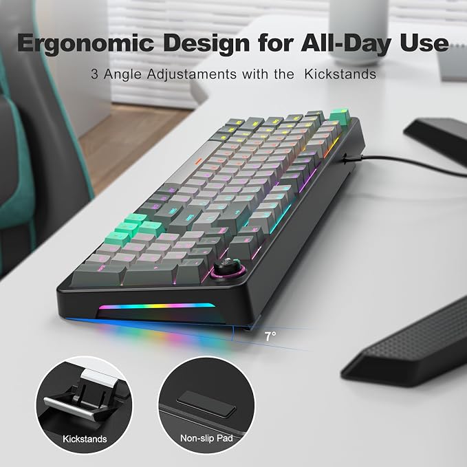 MOFII AK96 Mechanical Gaming Keyboard, Full Keys LED Backlit Programmable, Plug and Play USB A/C Wired Computer Custom Keyboard with Sound/Light Control Knob for Win/Mac - Gray & Black