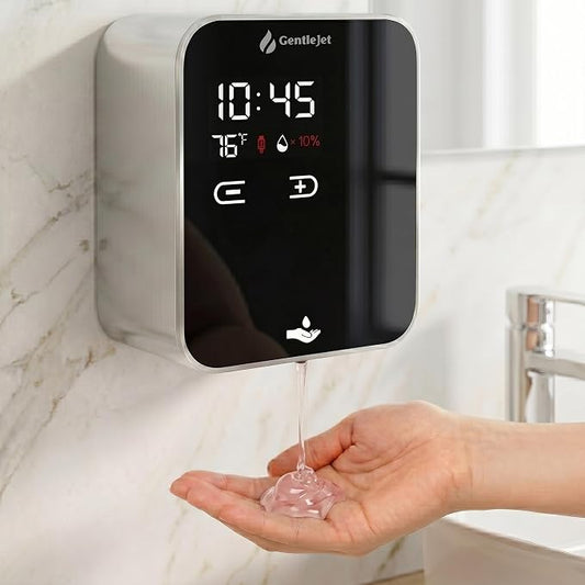 GentleJet AuraJet Automatic Liquid Soap Dispenser Wall Mount – Touchless Sensor, LED Display, 5 Adjustable Levels, Rechargable USB-C or Battery Powered, Aluminum Alloy, 480 ml Refillable