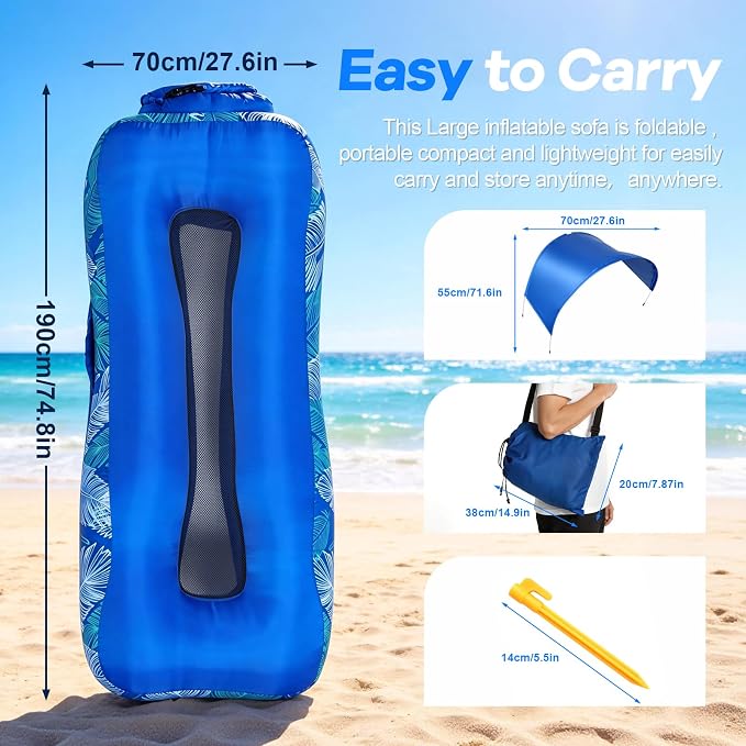 Inflatable Lounger Air Sofa with Unique Sun-Shade, Waterproof Inflatable Beach Bed with Electric Pump, Lightweight Air Hammock Chair for Hiking Backyard Travel Beach Park Picnics（SkyBlue）