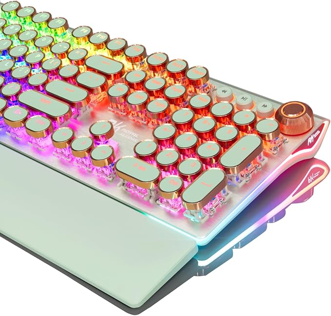 RK ROYAL KLUDGE X108 Typewriter Style Mechanical Keyboard, Wired Gaming Keyboard 108 Keys RGB Backlit Sidelight, Detachable Wrist Rest, Volume Knob, Retro Round Keycaps Blue Switches - Green