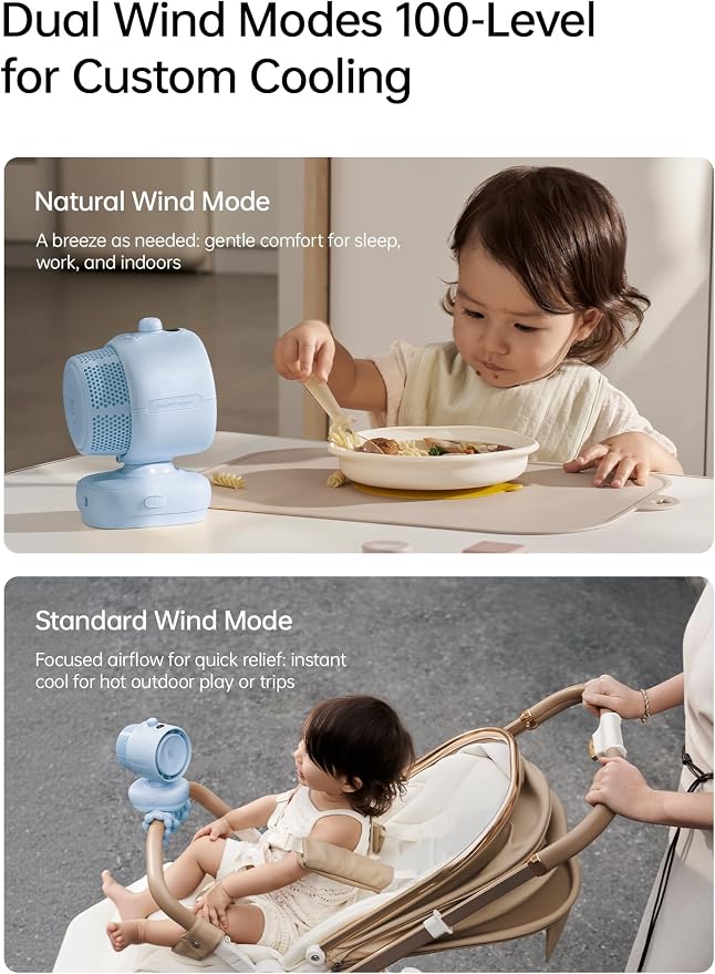 JISULIFE Chic Stroller Fan 2026 –Baby Cool Helper: Smart 120° Auto Oscillation with 100 Speeds, 21H Super-Long Battery, Portable Baby Fan for Crib, Stroller & Bedroom, Gift for Moms-Blue(Quadpod)