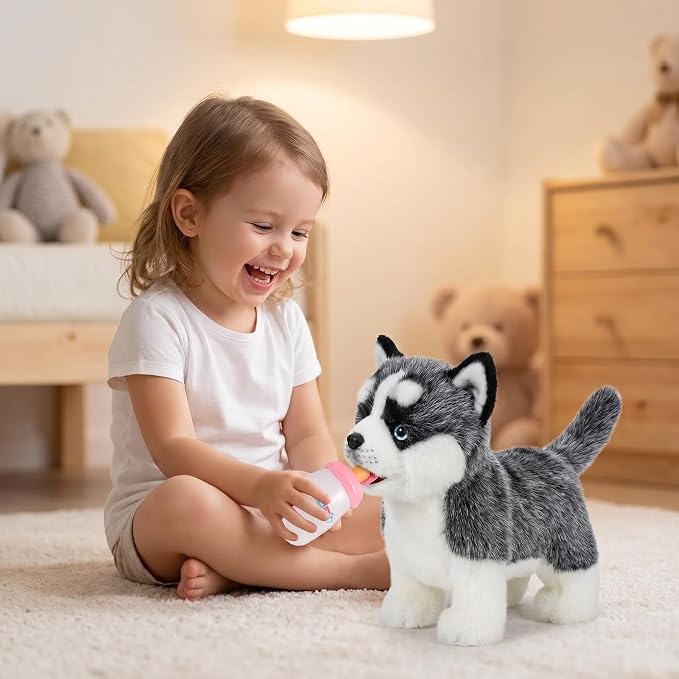 CU-MATE Electronic Walking Dog Toy, Interactive Plush Siberian Husky Puppy, Realistic Interactive Pet Toy Dog, Walking, Barking, Wagging Tail & Talking, Present Gifts for 3+ Year