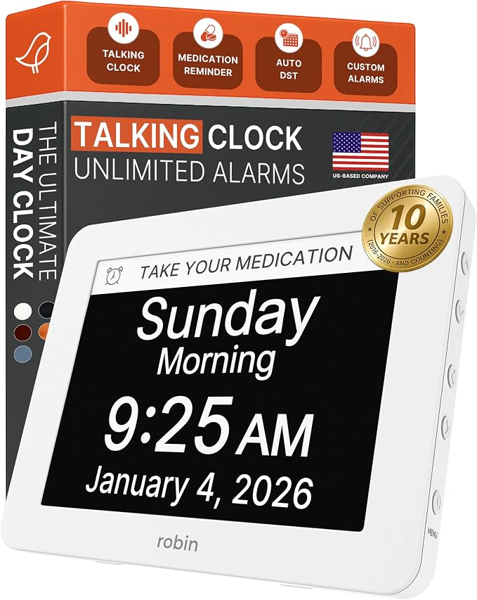 Robin Day Clock 2026 for Seniors, 8" Large Digital Calendar Dementia Clock with Talking Function, Alarms, Easy-to-Read Display for Elderly, Day Date Time, Medication Reminder, DST, White