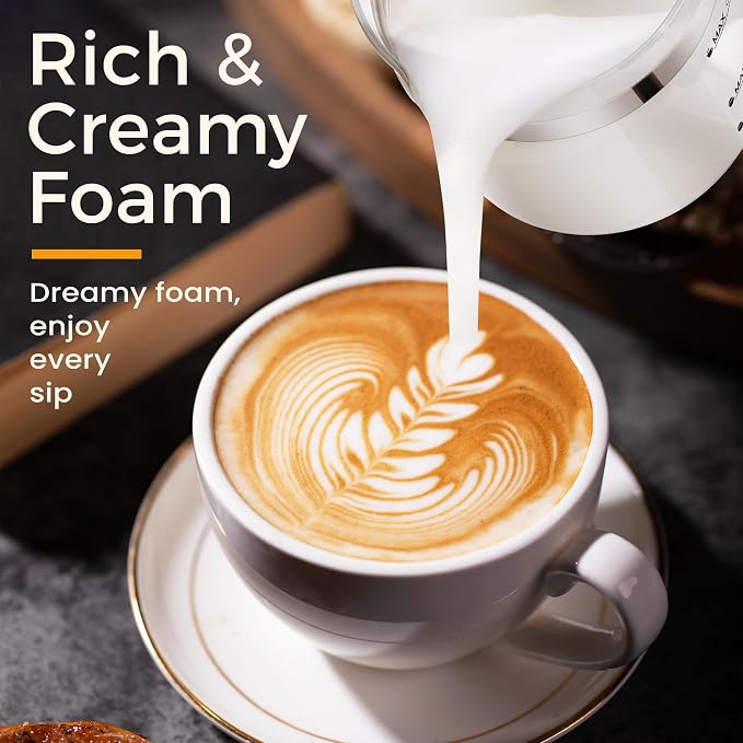 Milk Frother and Steamer, 6 in 1 Milk Steamer and Milk Warmer, 17oz Auto Shut Off Electric Frother with Touch Screen, Hot/Cold Foam Maker for Coffee, Latte, Cappuccino, Hot Chocolate,White
